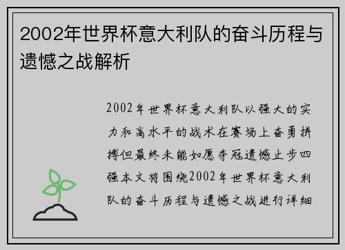 2002年世界杯意大利队的奋斗历程与遗憾之战解析